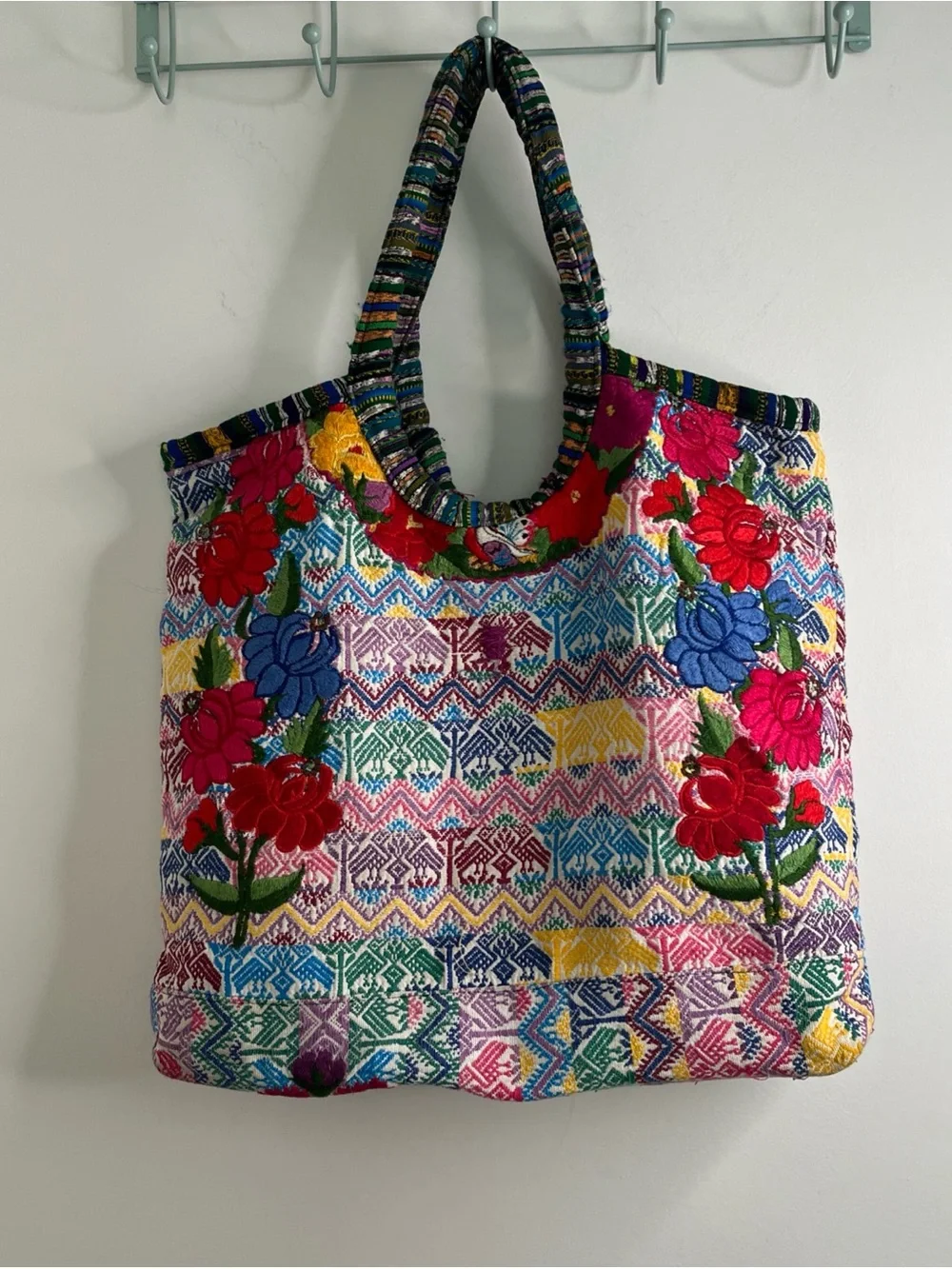 Floral Embroidered Huipil Shoulder Tote Bag Multi Color Boho Hippie Festival